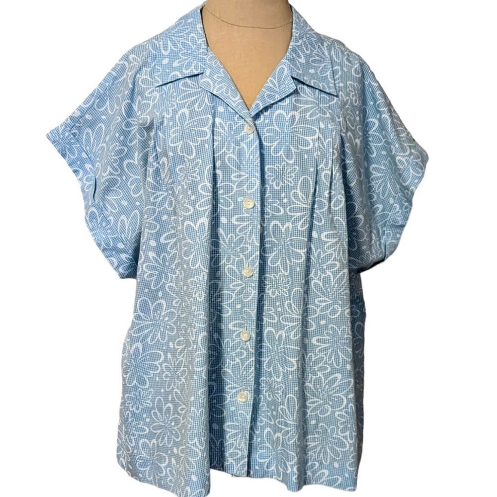 Vintage Retro Flower Print Button Top Blue Short Sleeve Oversized Size XL